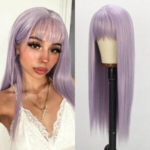Long Straight Light Purple Wig with Bangs Synthetic Heat Resistant Wig for Women